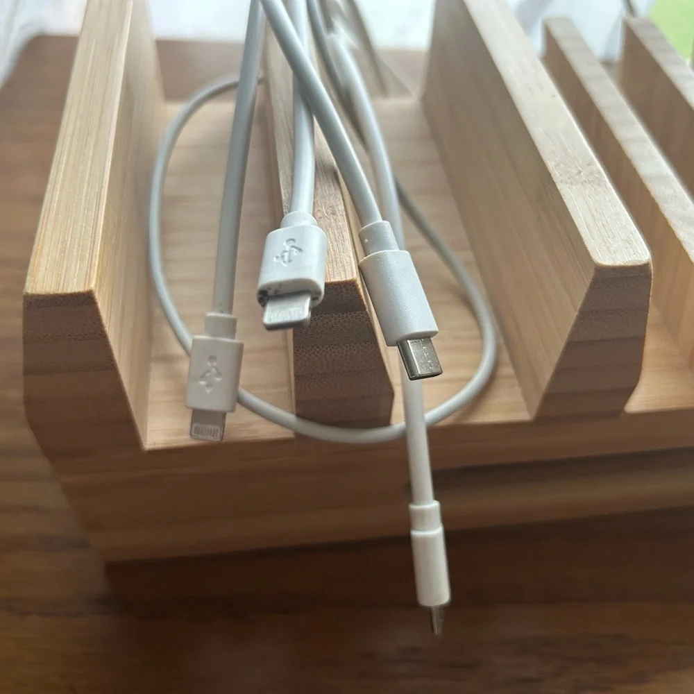 iPhone Apple Watch iPad device charging station with cords - Wood